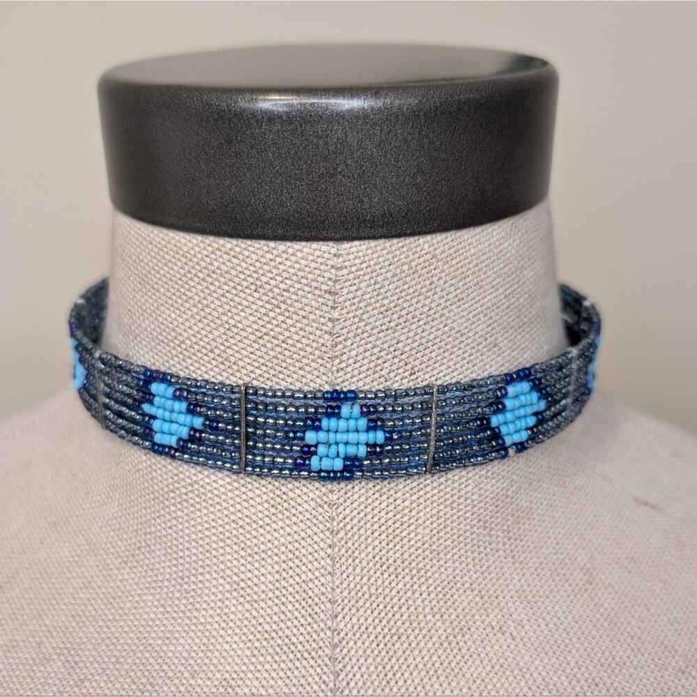 Hand-Beaded Blue Seed Bead Choker Necklace | Adjustable Ladder Loom Style